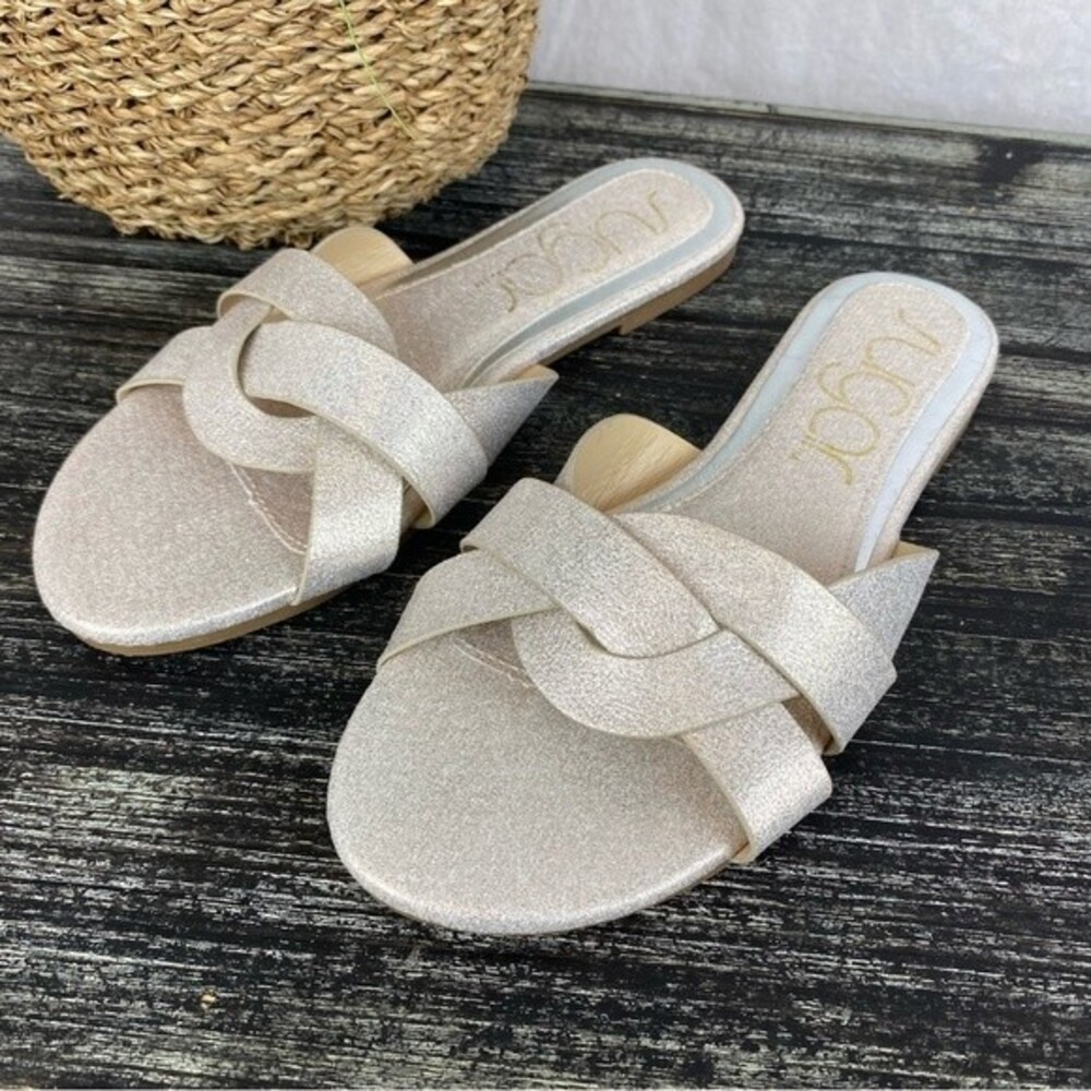 Sugar Tan & Gold Slip On Flat Pokki Sandal Shoes NEW 7